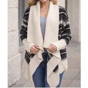 Dex Fair Isle Cardigan M Cream Black Draped Open Front Cozy Boho